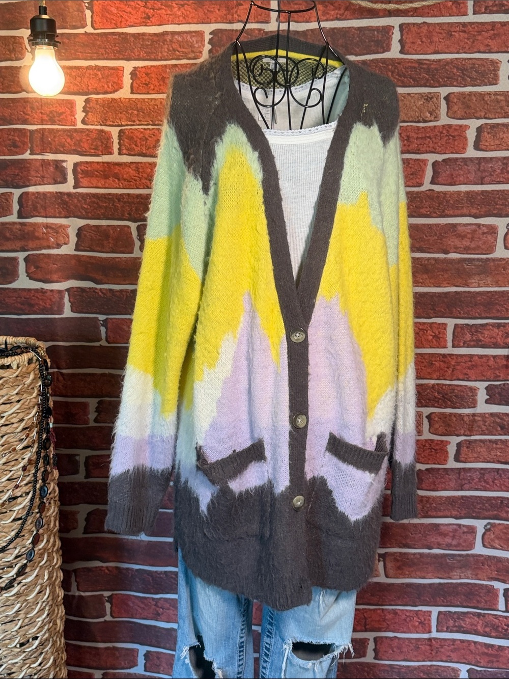 🧥 Ecote Fuzzy Knit Button Cardigan — Yellow/Lilac/Mint/Slate — Sz M/L / R